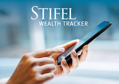 Stifel Wealth Tracker logo with image of a woman's hand holding a mobile phone